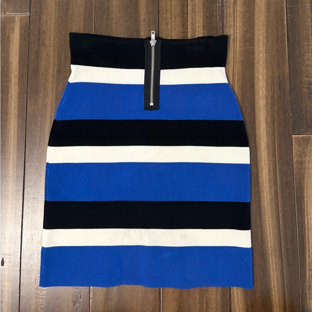 INC Sz S Mini Bodycon Skirt Blue Black & White Striped Stretchy Zip Up High Rise - Picture 8 of 9